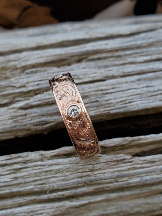 The Marlow: Hand-Engraved Men's Band with .25 ct. Diamond, Low Profile Engagement Ring, Men's Wedding Band with Diamond, 10K Rose Gold Men's Band, Cowboy Wedding Band, Men's Western Wedding Band, Western Wedding Ring