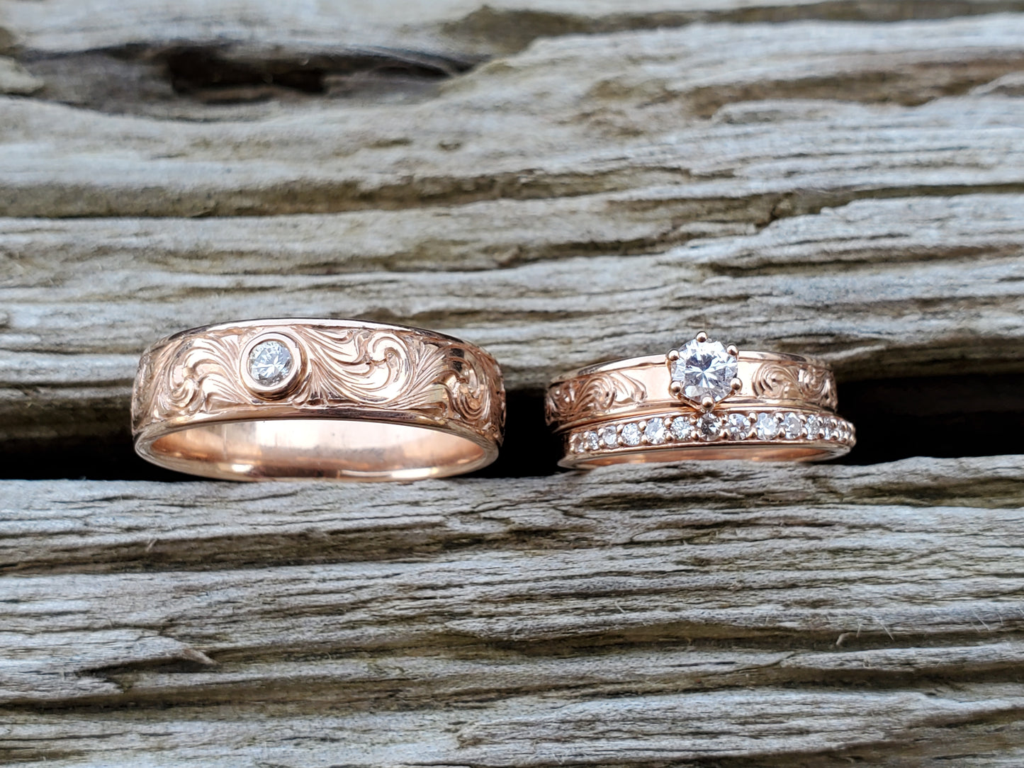 The Marisa Set With Diamonds: Western Wedding Ring Set, Dainty Diamond Ring Set, 10K Rose Gold Engagement Set, Western Ring Trio, Hand-Engraved Wedding Set