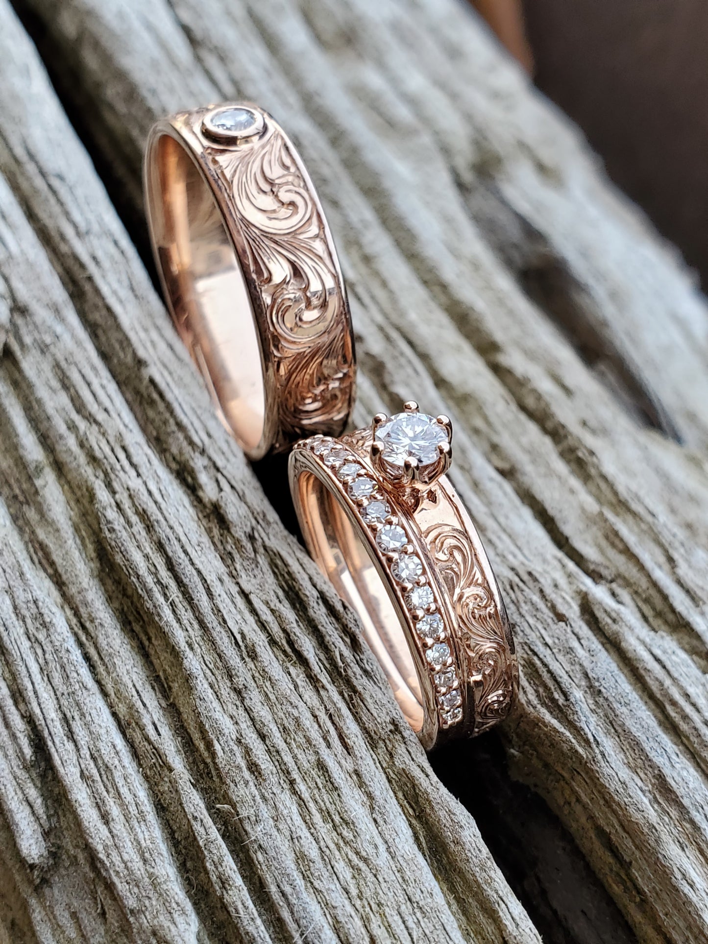 The Marisa Set With Diamonds: Western Wedding Ring Set, Dainty Diamond Ring Set, 10K Rose Gold Engagement Set, Western Ring Trio, Hand-Engraved Wedding Set