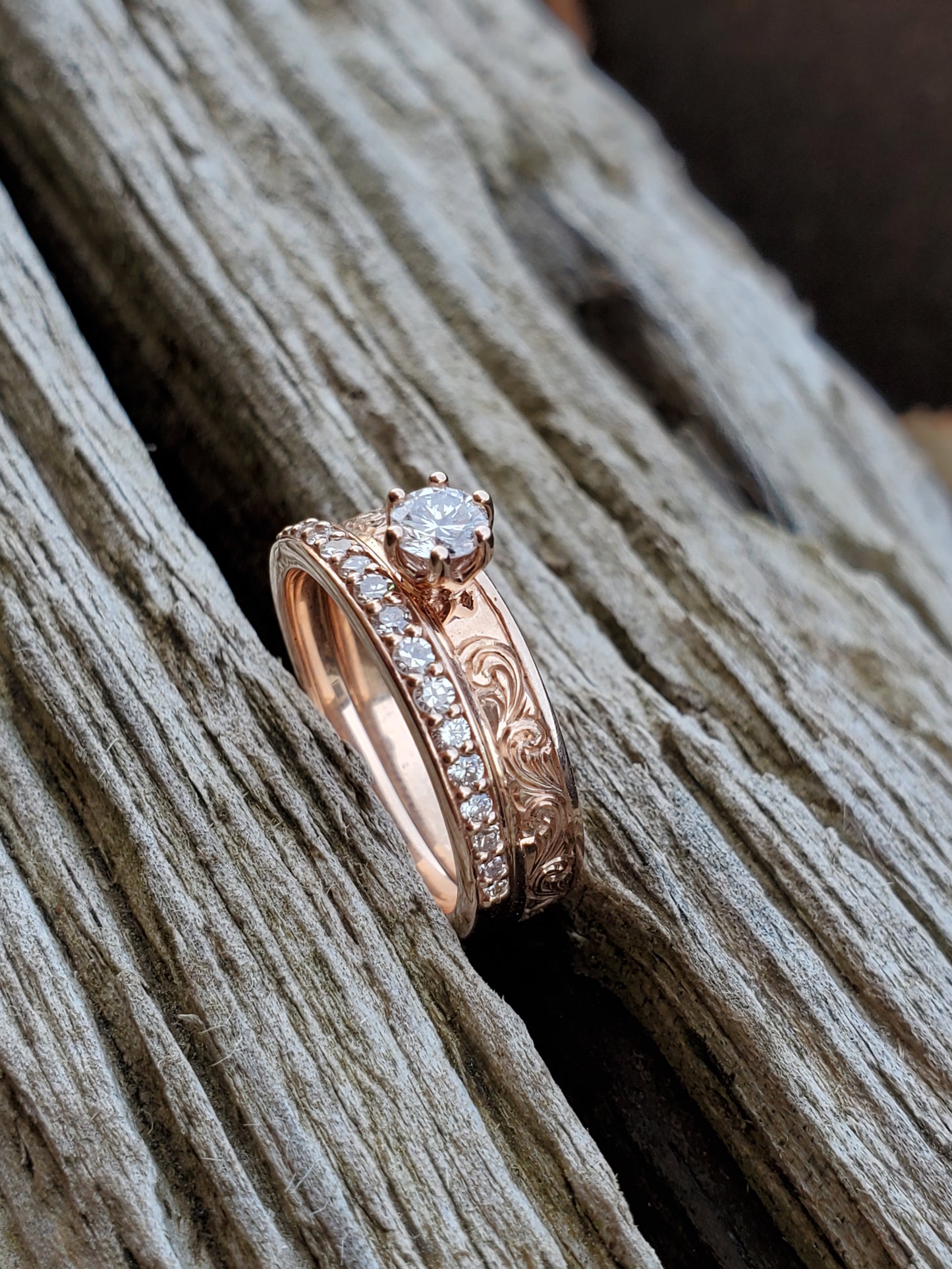 The Marisa Set With Diamonds: Western Wedding Ring Set, Dainty Diamond Ring Set, 10K Rose Gold Engagement Set, Western Ring Trio, Hand-Engraved Wedding Set