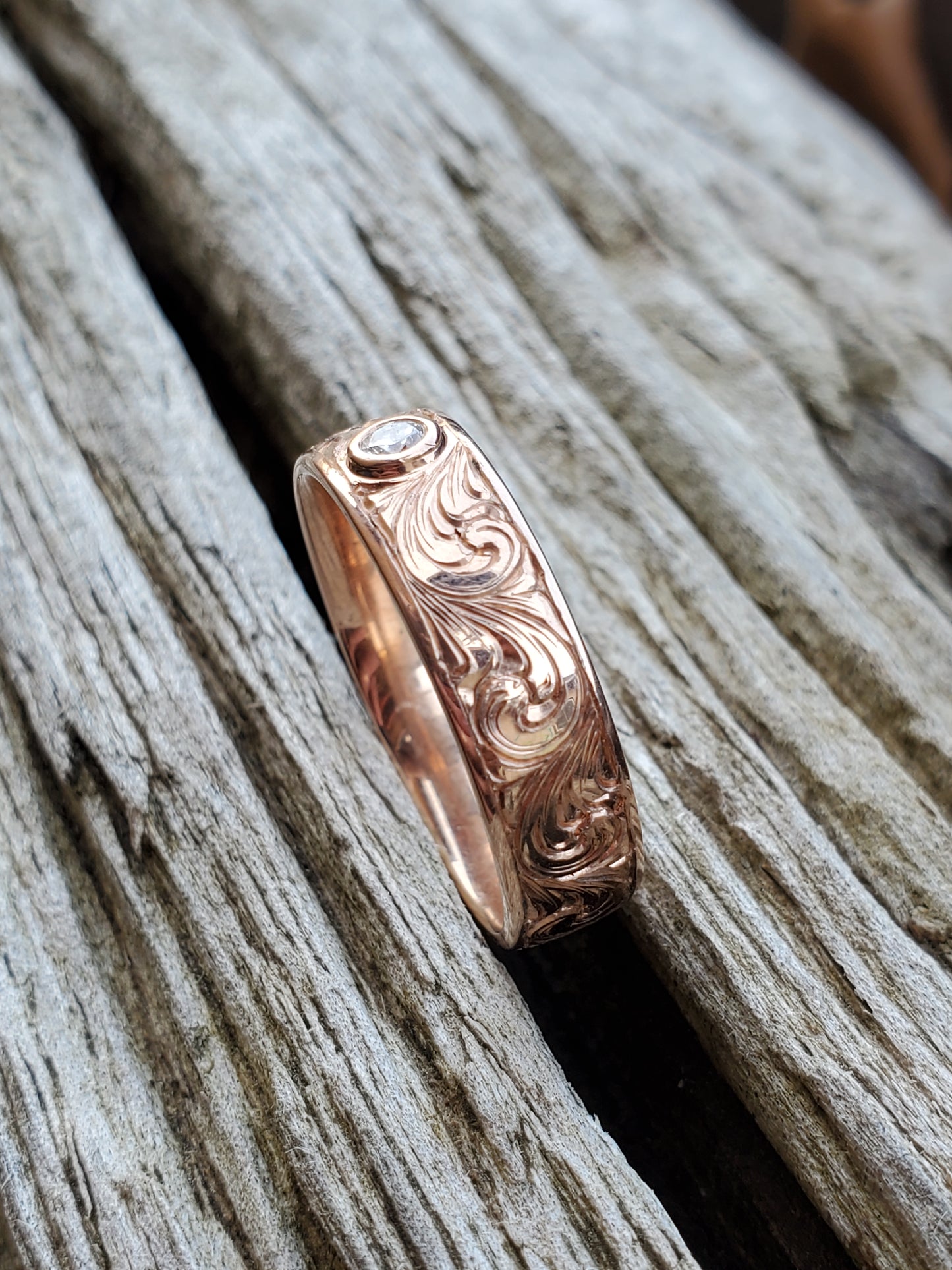 The Marlow: Hand-Engraved Men's Band with .25 ct. Diamond, Low Profile Engagement Ring, Men's Wedding Band with Diamond, 10K Rose Gold Men's Band, Cowboy Wedding Band, Men's Western Wedding Band, Western Wedding Ring