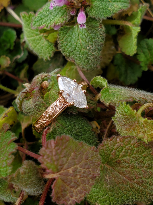 The Cordelia: 10K, 14K or 18K Rose Gold Marquise Engagement Ring, Western Engagement Ring, Cowgirl Ring, Western Wedding Ring, Hand-engraved Engagement Ring