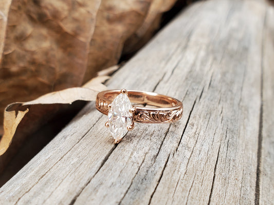The Cordelia: 10K, 14K or 18K Rose Gold Marquise Engagement Ring, Western Engagement Ring, Cowgirl Ring, Western Wedding Ring, Hand-engraved Engagement Ring
