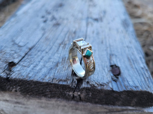 The Arizona: 10K White Gold Cathedral Style Ring, Western Engagement Ring with Hand-Engraving, Square Center Diamond or Moissanite with Side Set Turquoise, Cowgirl Engagement Ring