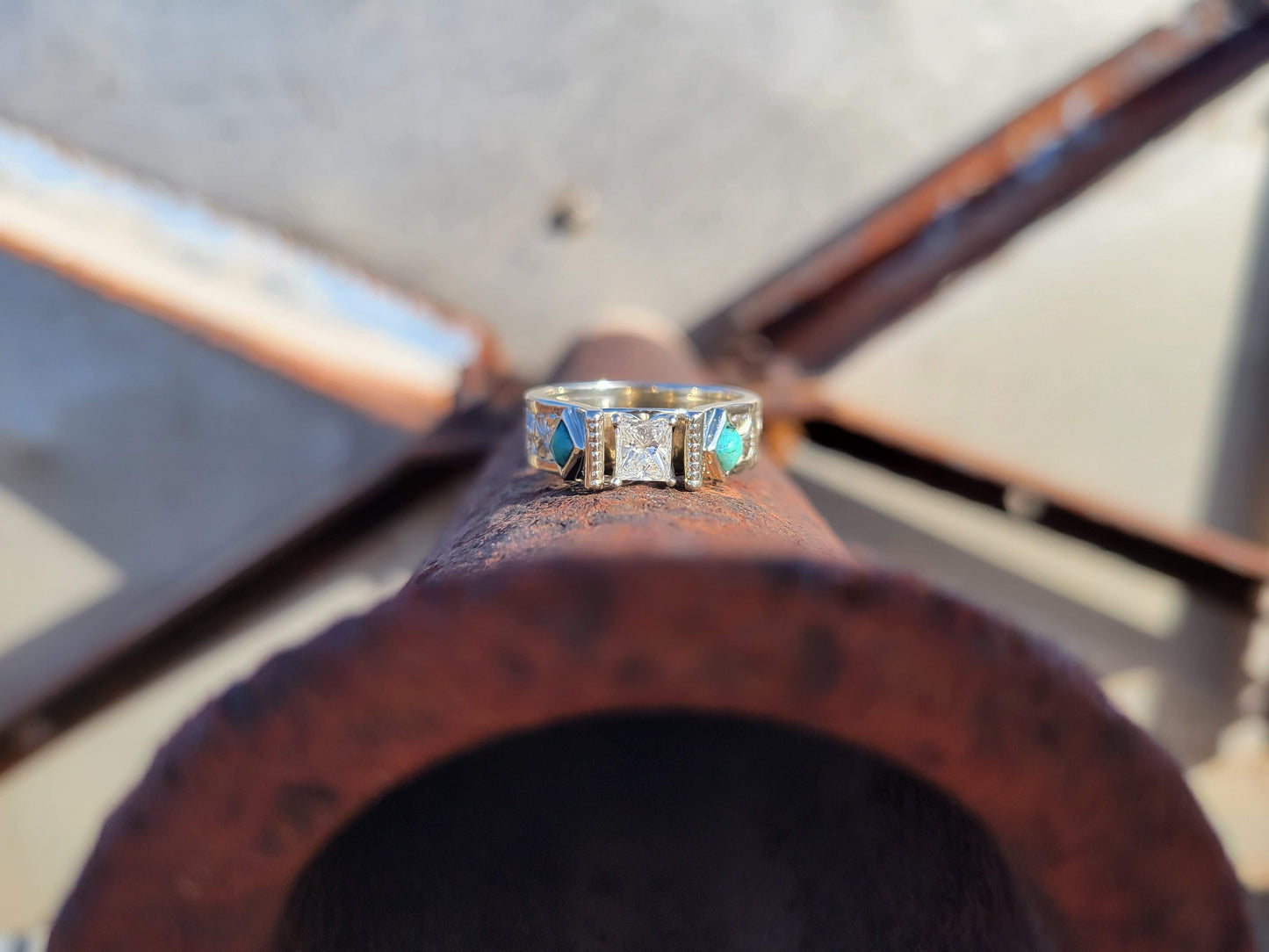 The Arizona: 10K White Gold Cathedral Style Ring, Western Engagement Ring with Hand-Engraving, Square Center Diamond or Moissanite with Side Set Turquoise, Cowgirl Engagement Ring