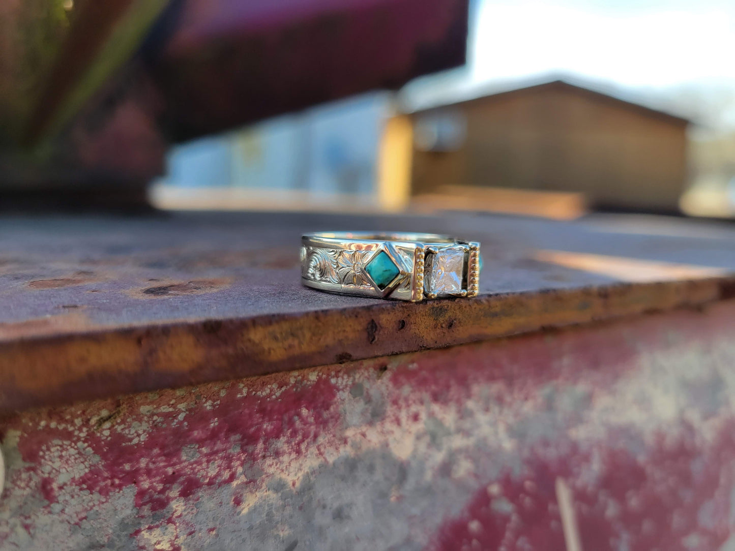 The Arizona: 10K White Gold Cathedral Style Ring, Western Engagement Ring with Hand-Engraving, Square Center Diamond or Moissanite with Side Set Turquoise, Cowgirl Engagement Ring