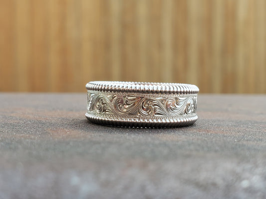 The Luke: 10K or 14K White Gold band With Rope Edge, Cowboy Wedding Ring, Western Wedding Band, Hand-Engraved White Gold Ring, Men's Western Ring