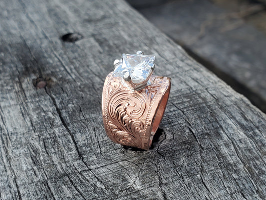The Bonnie: Hand-Engraved Copper and CZ Ring, Western Women's Ring, Cowgirl Ring, Western Ring
