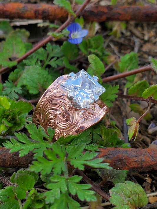 The Bonnie: Hand-Engraved Copper and CZ Ring, Western Women's Ring, Cowgirl Ring, Western Ring
