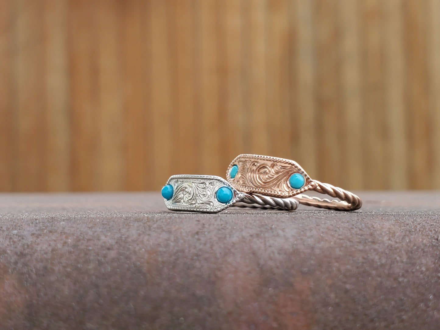 The Kaia: Dainty Turquoise Engraved 10K Rose or White Gold Rope Ring, Western Signet Ring, Cowgirl Ring, Cowgirl Wedding Band, Western Stacking Band