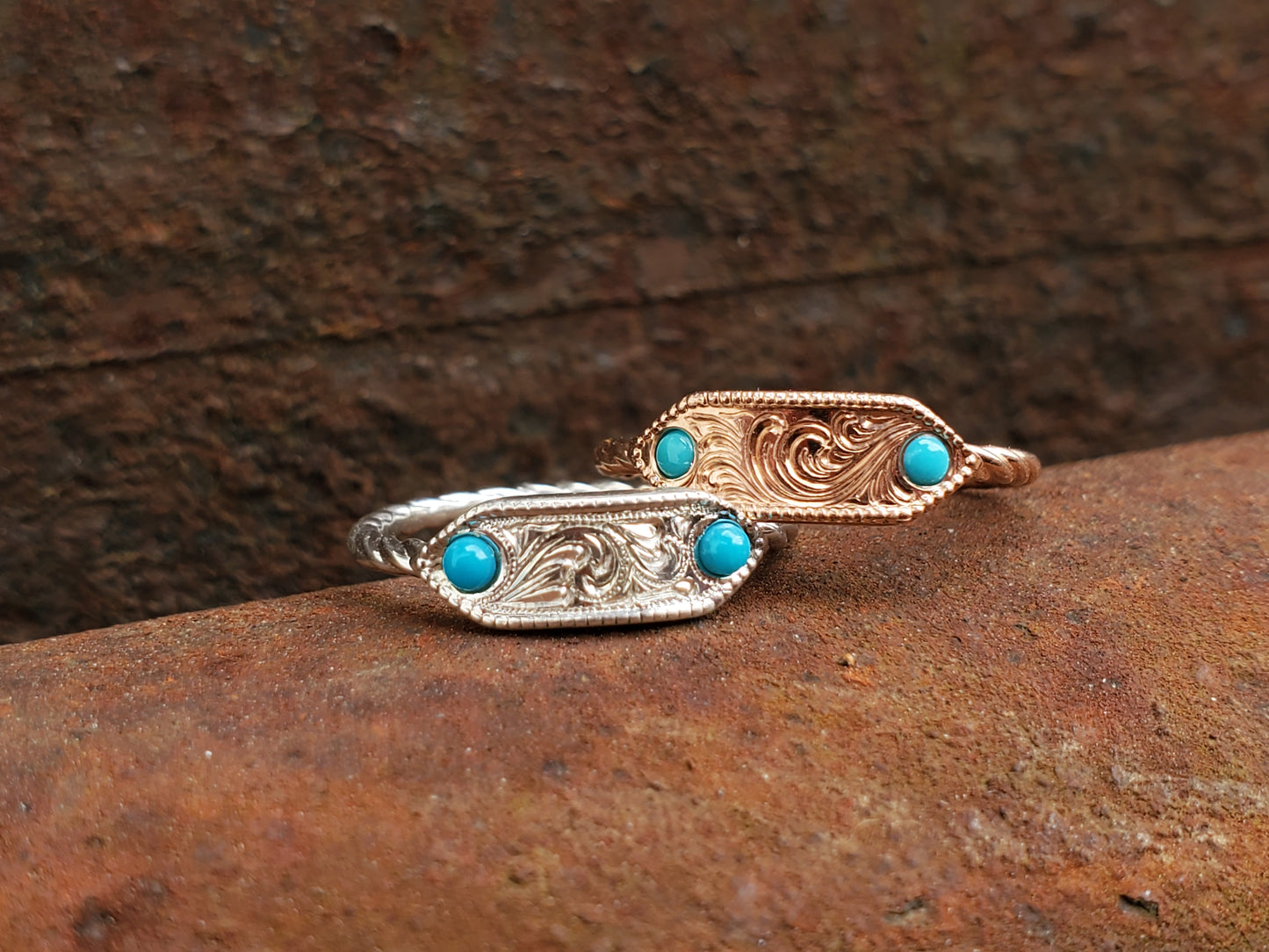 The Kaia: Dainty Turquoise Engraved 10K Rose or White Gold Rope Ring, Western Signet Ring, Cowgirl Ring, Cowgirl Wedding Band, Western Stacking Band