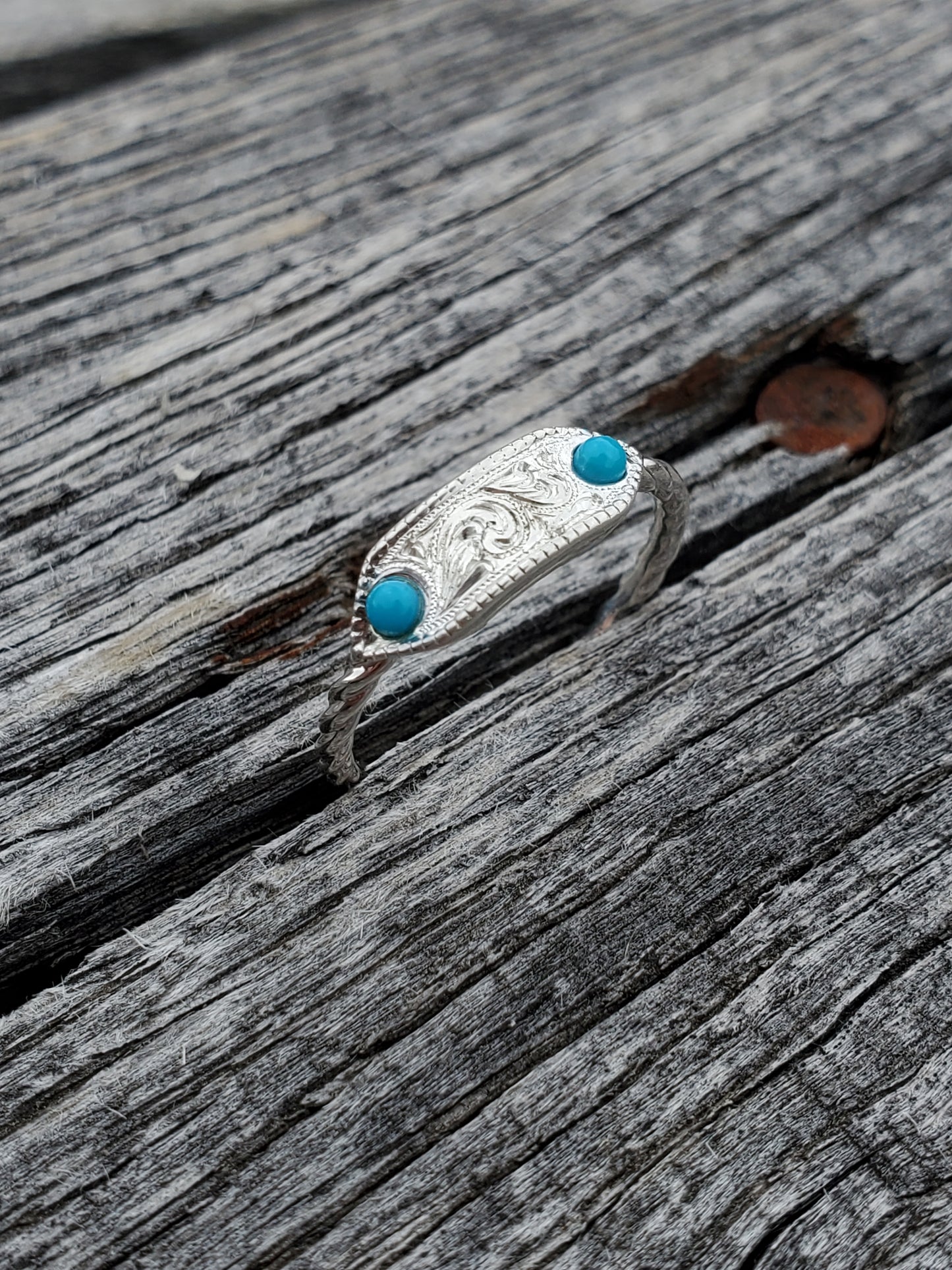 The Kaia: Dainty Turquoise Engraved 10K Rose or White Gold Rope Ring, Western Signet Ring, Cowgirl Ring, Cowgirl Wedding Band, Western Stacking Band