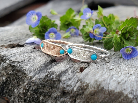 The Kaia: Dainty Turquoise Engraved 10K Rose or White Gold Rope Ring, Western Signet Ring, Cowgirl Ring, Cowgirl Wedding Band, Western Stacking Band