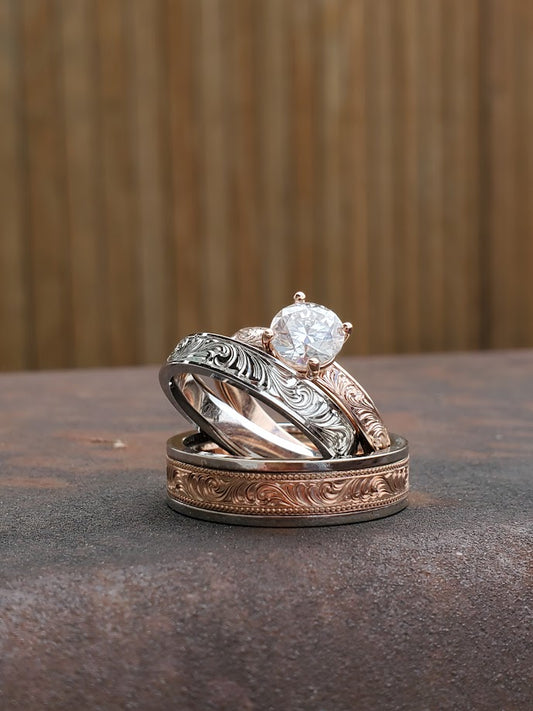 The Cora Set, Wedding Ring Trio: 10K Rose Gold & White gold ring set, Western Wedding Ring Set, Stackable Engagement Ring Set, Western Engagement Ring, Western Vintage Engagement Ring, Cowgirl Ring Set