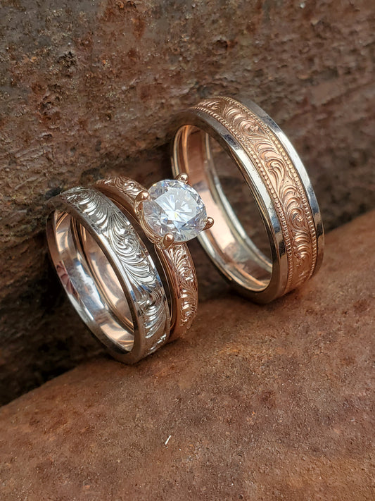 The Cora Set, Wedding Ring Trio: 10K Rose Gold & White gold ring set, Western Wedding Ring Set, Stackable Engagement Ring Set, Western Engagement Ring, Western Vintage Engagement Ring, Cowgirl Ring Set