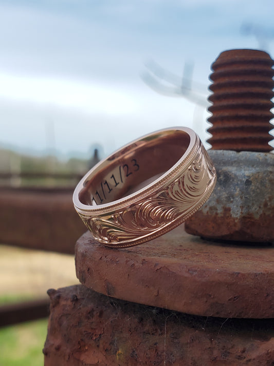 The Samuel: 10K Rose Gold Western Wedding Band, Hand-Engraved Cowboy Wedding Ring, Cowboy Ring, Rose Gold Men's Wedding Band, Detailed Wedding Ring