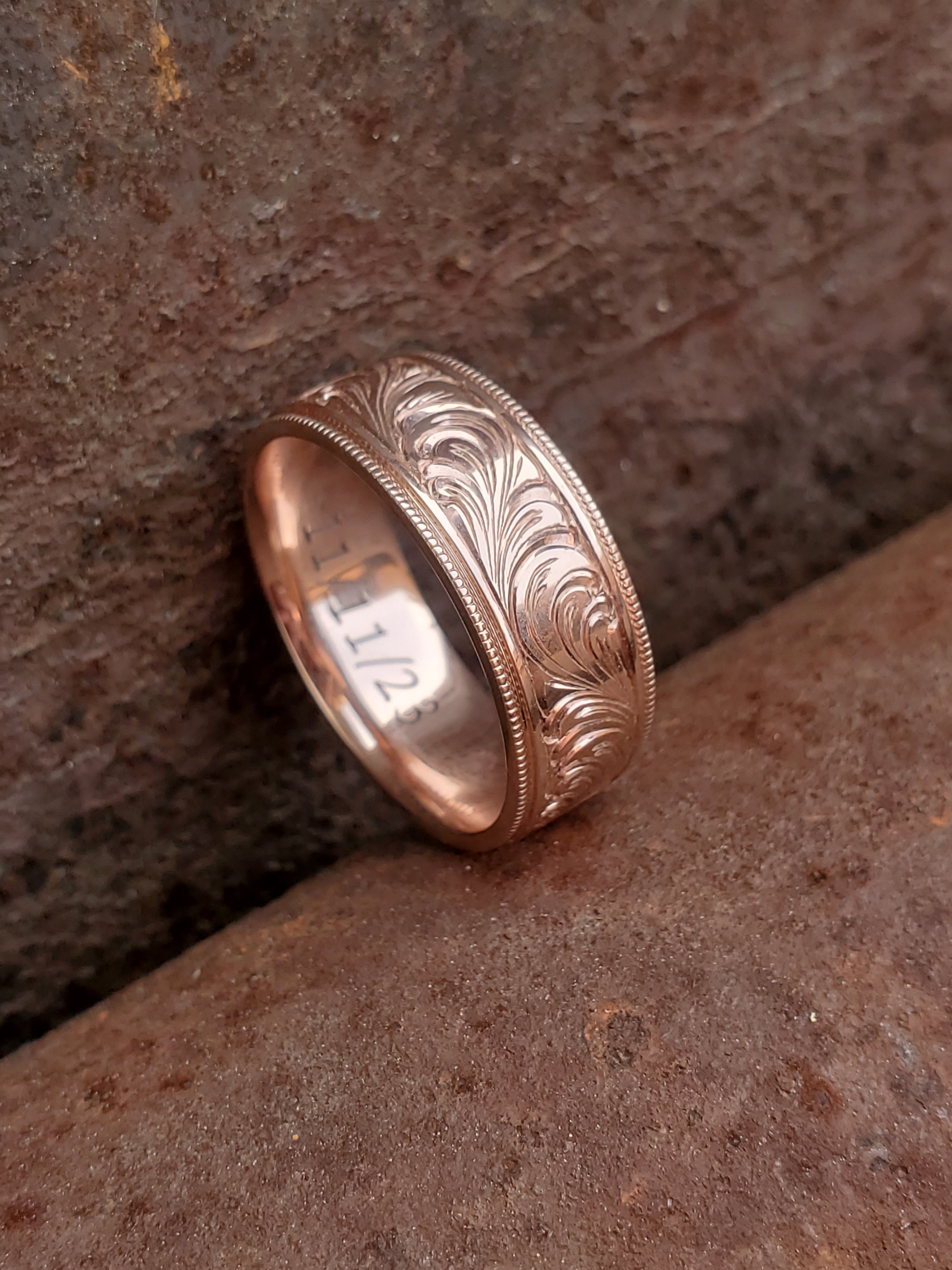 The Samuel: 10K Rose Gold Western Wedding Band, Hand-Engraved Cowboy W ...