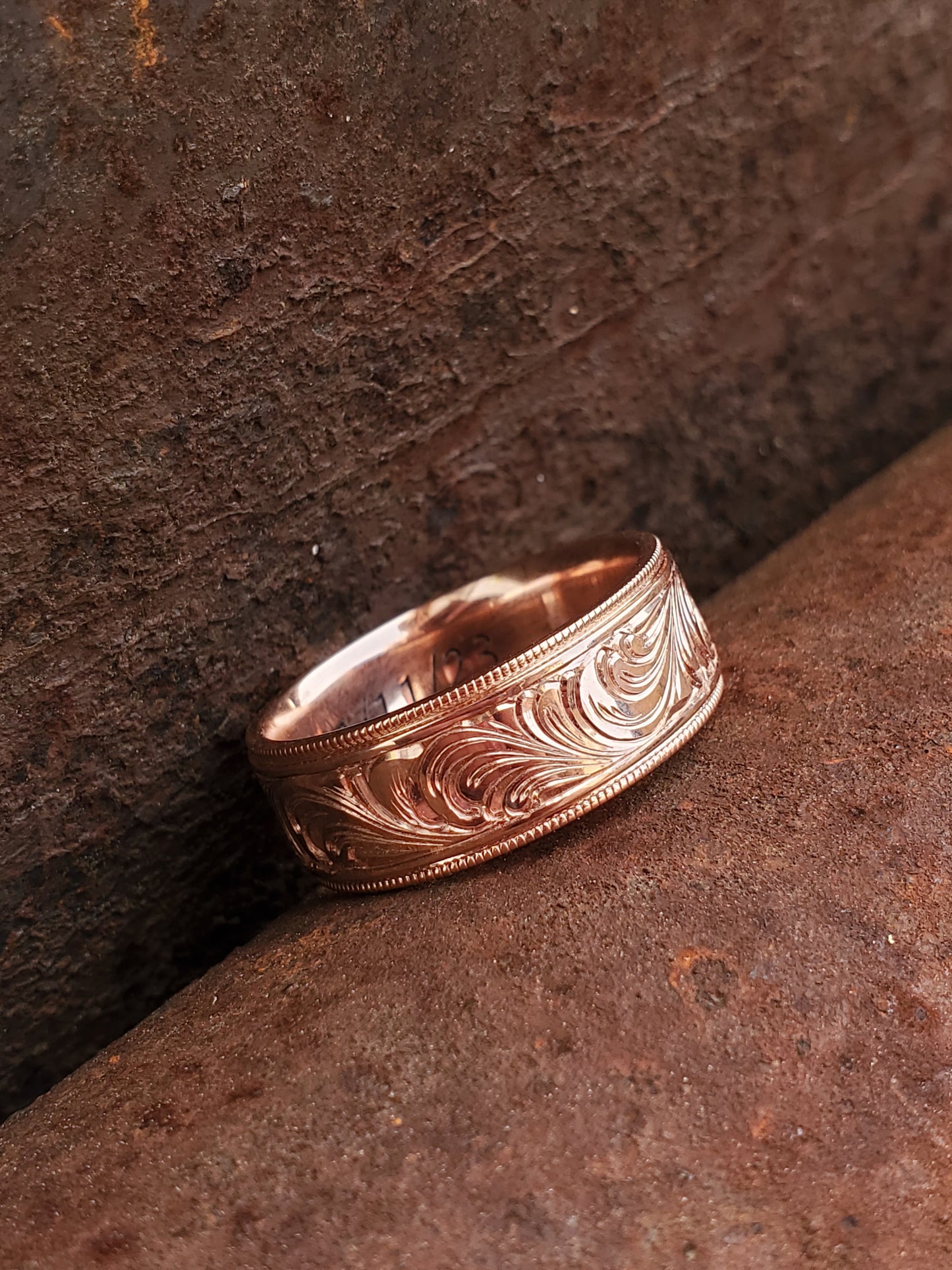 The Samuel: 10K Rose Gold Western Wedding Band, Hand-Engraved Cowboy Wedding Ring, Cowboy Ring, Rose Gold Men's Wedding Band, Detailed Wedding Ring