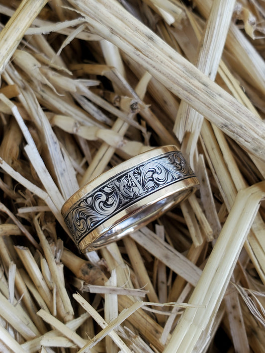 The Milo: 10K White and Yellow Gold Men's Western Wedding Band, Custom Engraved Initial, Hand-Engraved Cowboy Wedding Ring, Men's Engraved Wedding Band, 10mm Wedding Band for Men, Two-tone Men's Ring