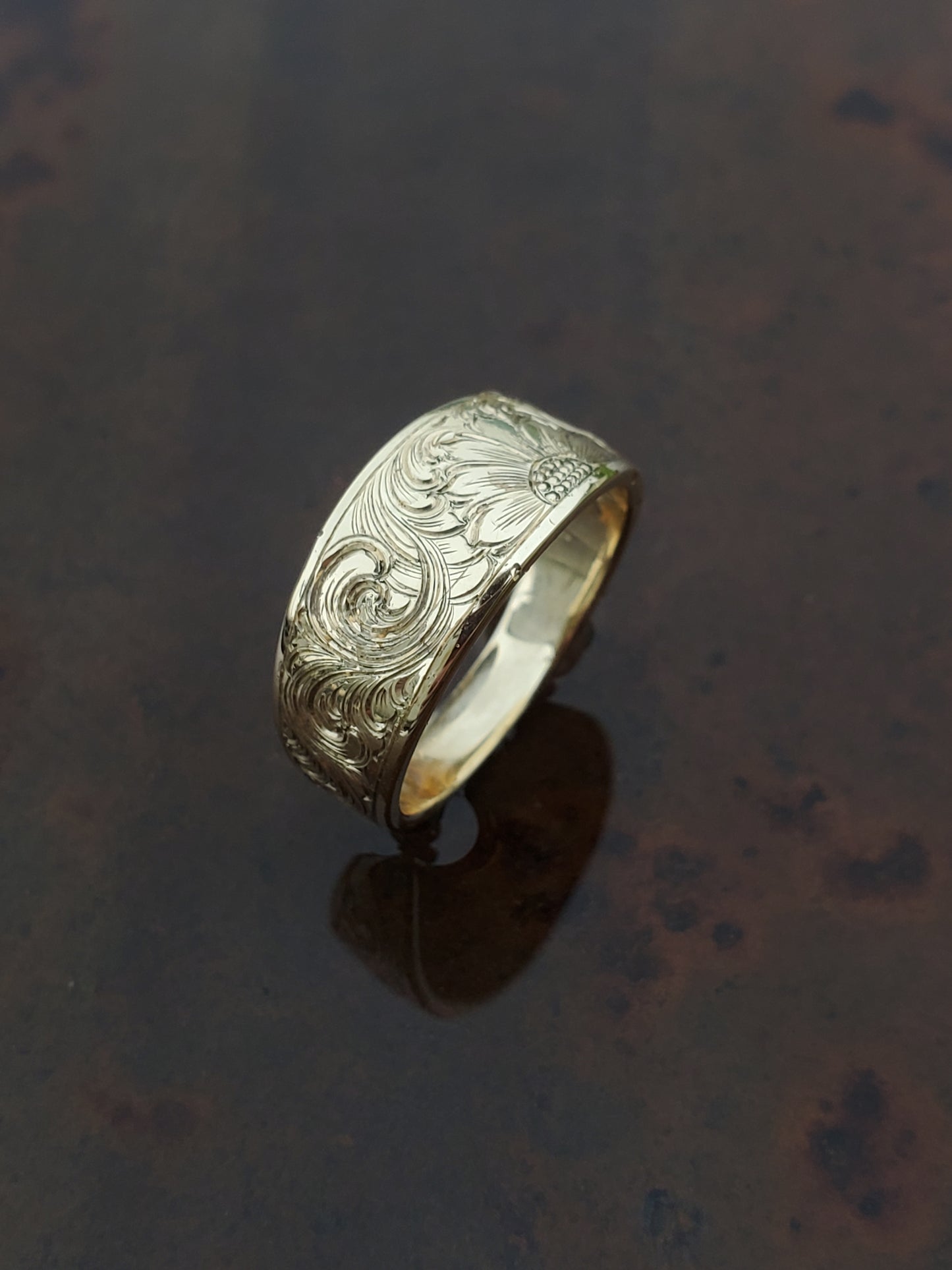 The Sunny: Sunflower Hand-Engraved 10K yellow gold Tapered floral hand-engraved ring, women's western jewelry, Cowgirl Sunflower Ring, Western Women's Band