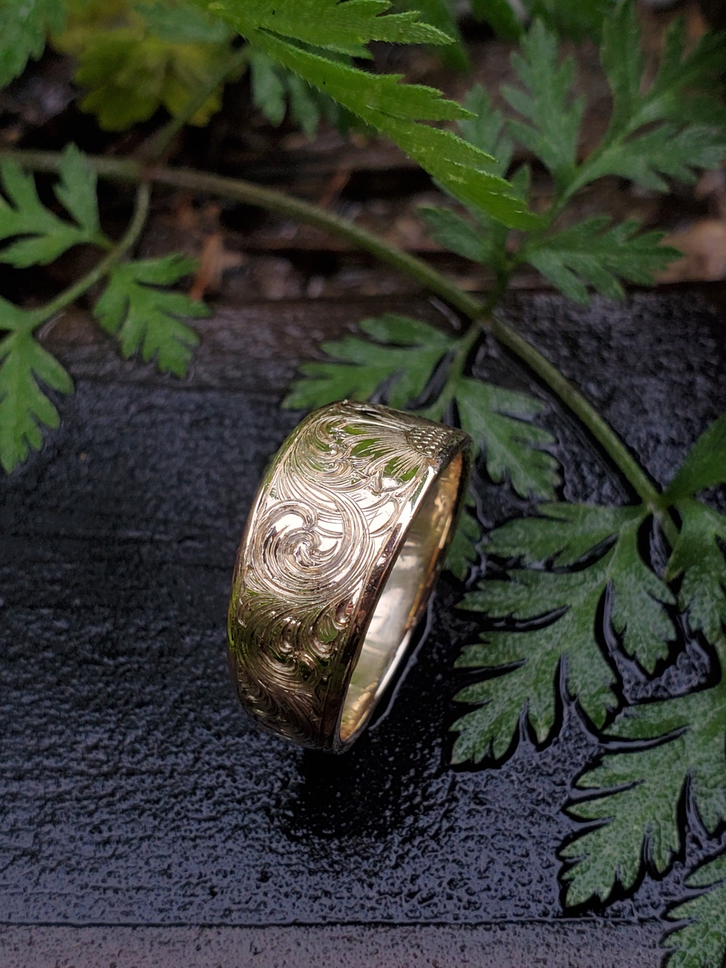 The Sunny: Sunflower Hand-Engraved 10K yellow gold Tapered floral hand-engraved ring, women's western jewelry, Cowgirl Sunflower Ring, Western Women's Band