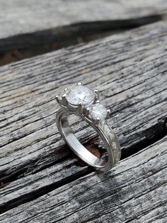 The Tatum: 10K White Gold Three-Stone Engagement Ring, Moissanite Engagement Ring, Western Engagement Ring