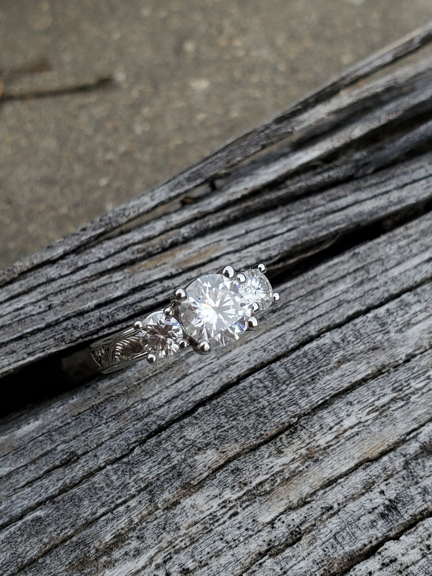 The Tatum: 10K White Gold Three-Stone Engagement Ring, Moissanite Engagement Ring, Western Engagement Ring