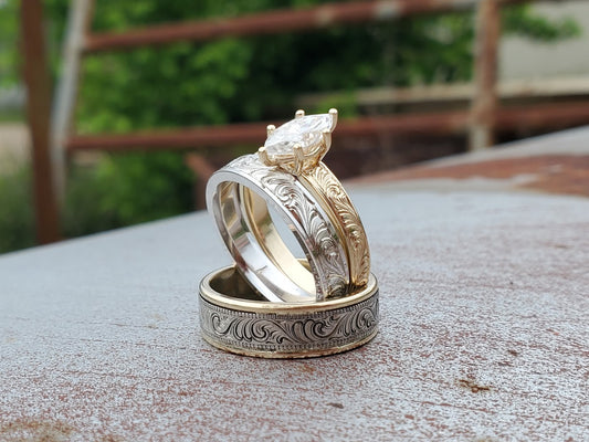 The Elaina Set, Wedding Ring Trio: 10K Yellow Gold & White gold ring set, Western Wedding Ring Set, Stackable Engagement Ring Set, Western Engagement Ring, Western Vintage Engagement Ring, Cowboy wedding bands