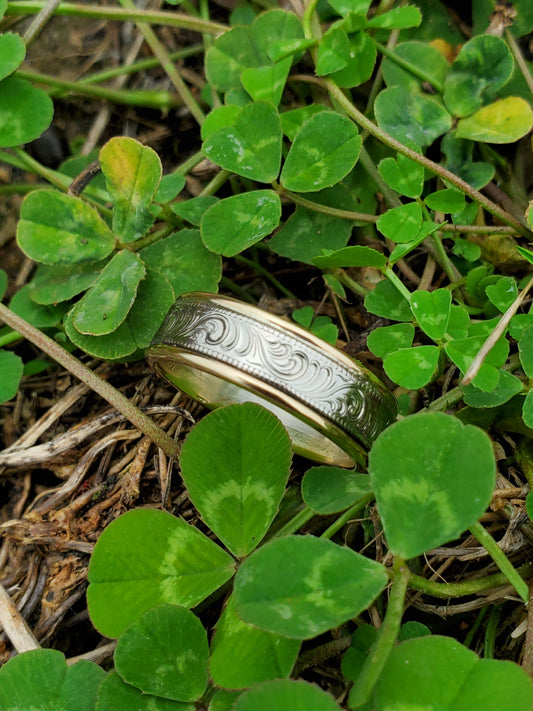 The Zeke: Two-tone 10K white and yellow gold Western Men's Wedding Band, Western Wedding Ring, Cowboy Wedding Band, Hand-Engraved Men's Ring