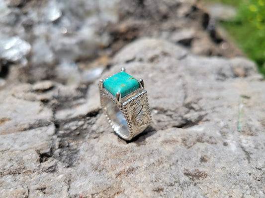 The Janet: Wide Sterling Silver Turquoise Ring with Hidden Diamond Halo, Turquoise Engagement Ring, Hand-Engraved Sunflower Ring, Cowgirl Engagement Ring, Hidden-Halo Turquoise Ring