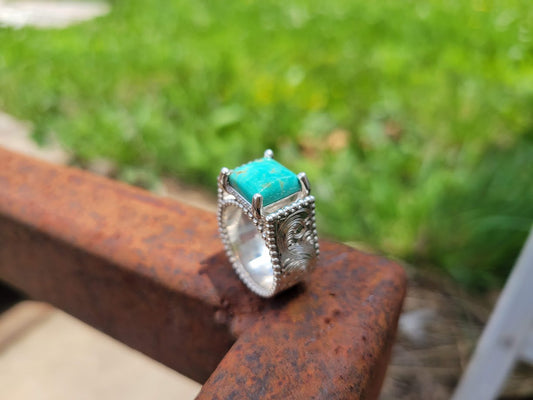 The Janet: Wide Sterling Silver Turquoise Ring with Hidden Diamond Halo, Turquoise Engagement Ring, Hand-Engraved Sunflower Ring, Cowgirl Engagement Ring, Hidden-Halo Turquoise Ring