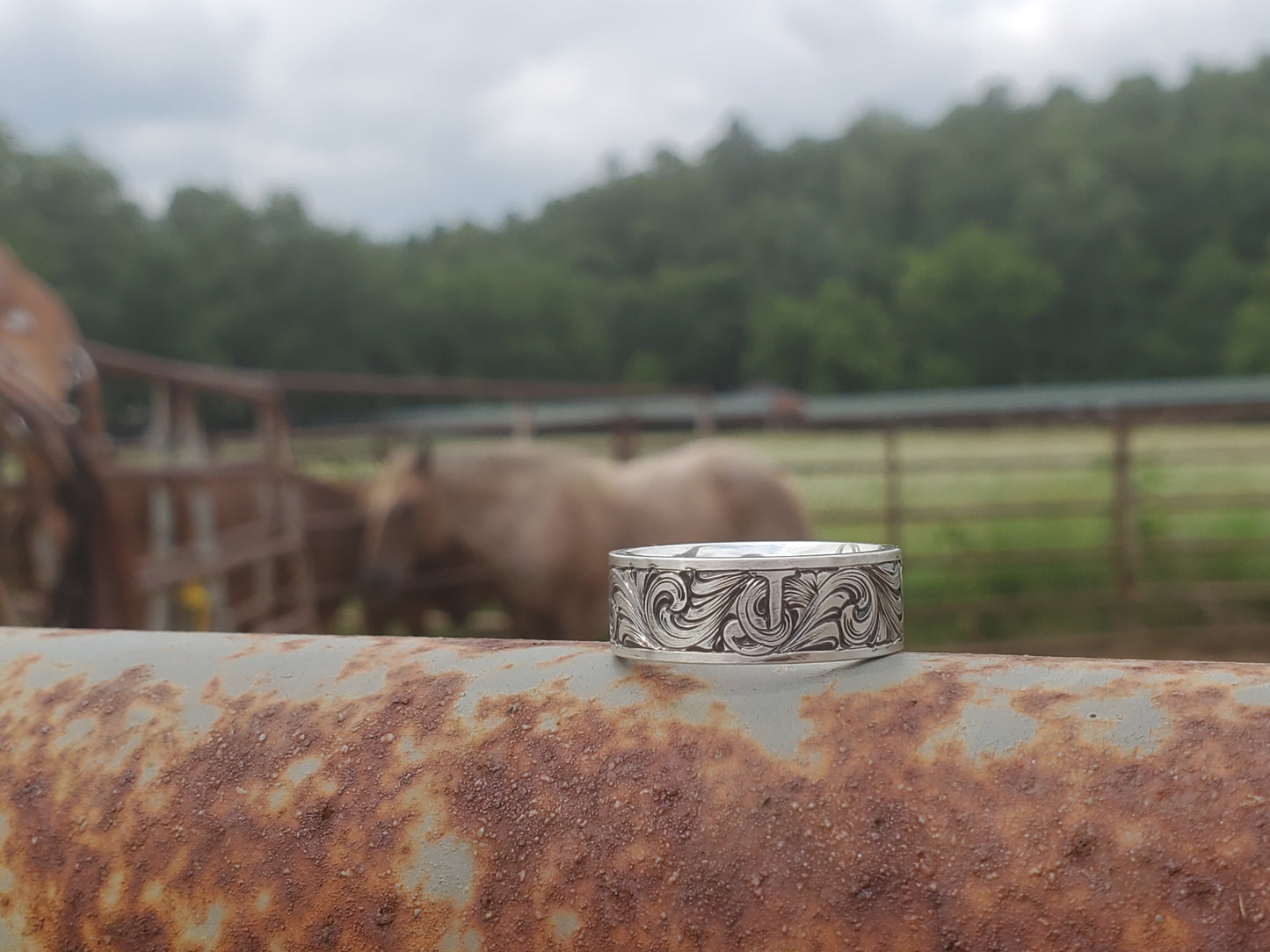 The Jason: Custom Initial Sterling Silver Men's Band, White Gold Western Wedding Band, Cowboy Wedding Band with Hand-Engraved Scrollwork, Wedding Band with Custom Letter Engraving