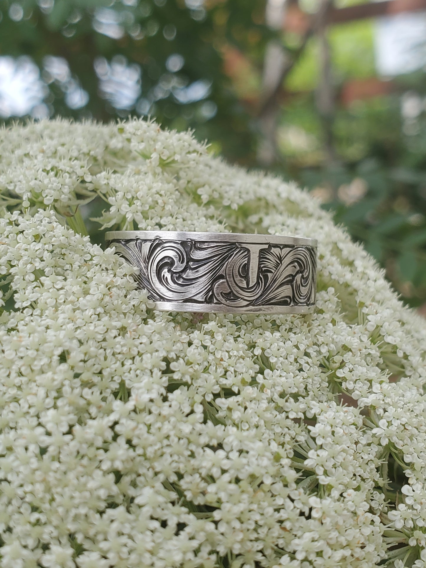 The Jason: Custom Initial Sterling Silver Men's Band, White Gold Western Wedding Band, Cowboy Wedding Band with Hand-Engraved Scrollwork, Wedding Band with Custom Letter Engraving