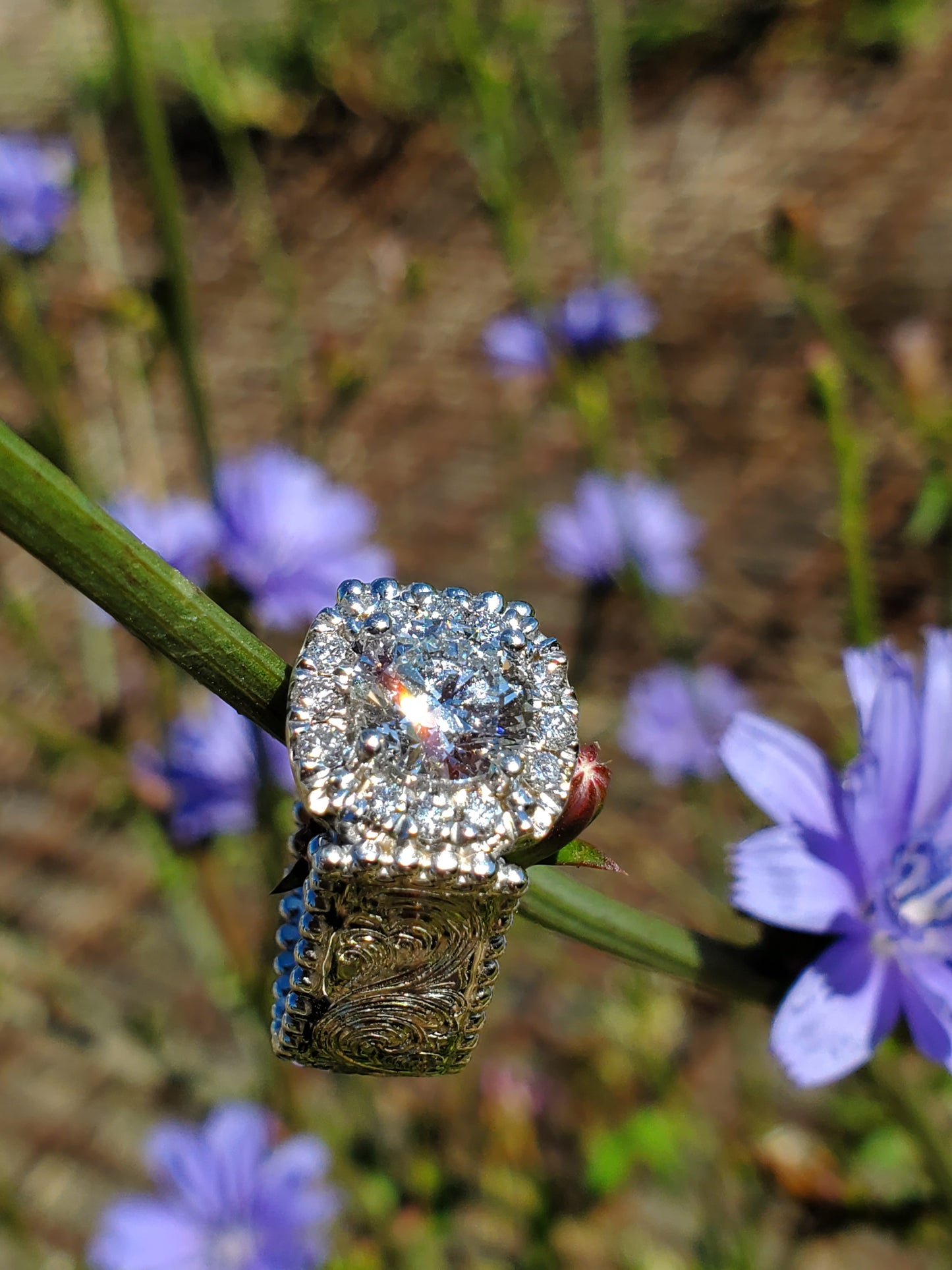 The Aubrey: 1.5 ct Center, 10K White Gold Cathedral Engagement Ring with Halo, Western Engagement Ring with Halo, Hand-Engraved Cathedral Style Ring, Cowgirl Engagement Ring