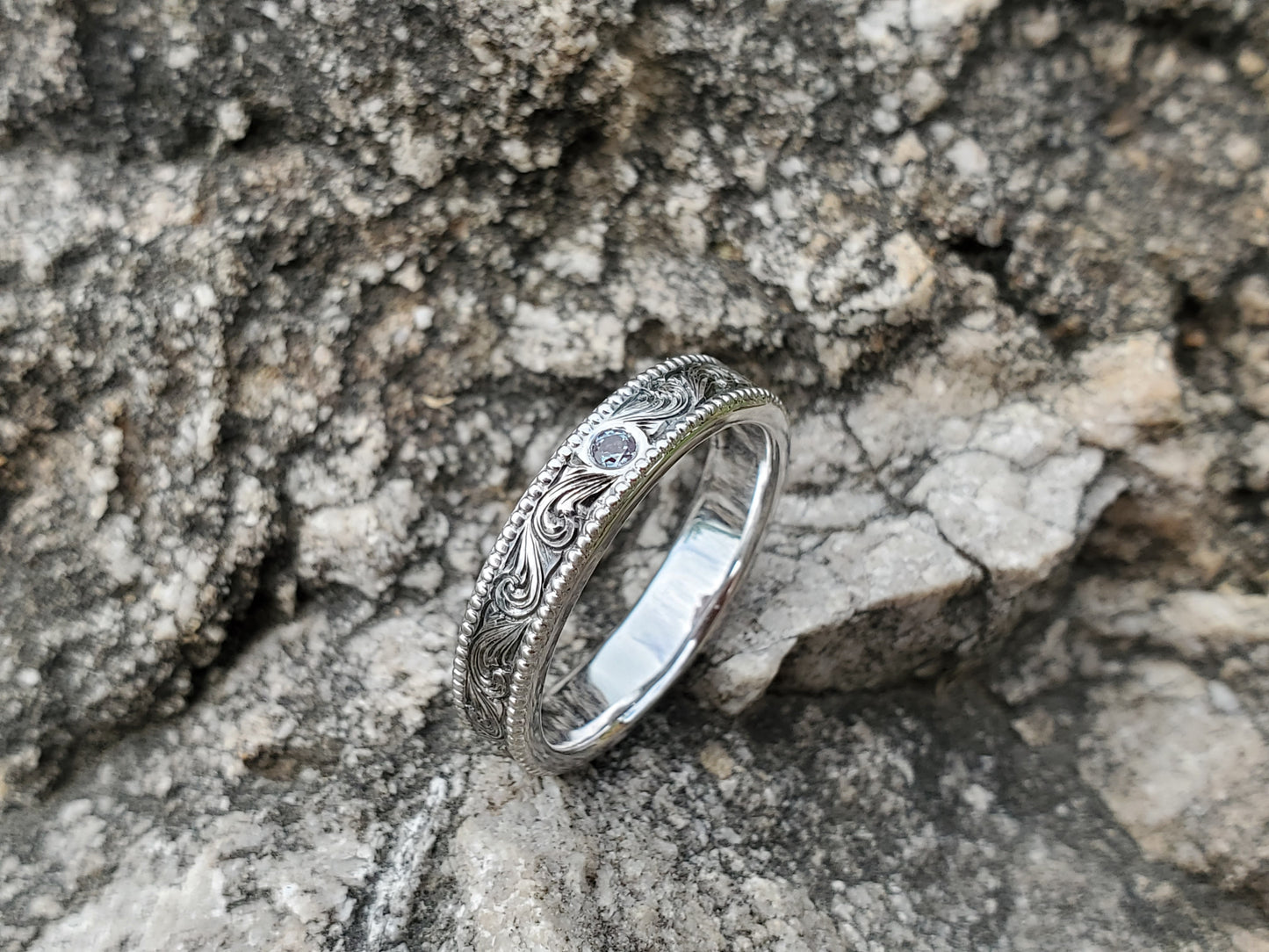 The Naia: 10K White Gold and Alexandrite Ring, Women's Western Wedding Band, Hand-Engraved Cowgirl Wedding Ring, Western Wedding Ring, Alexandrite Wedding Band