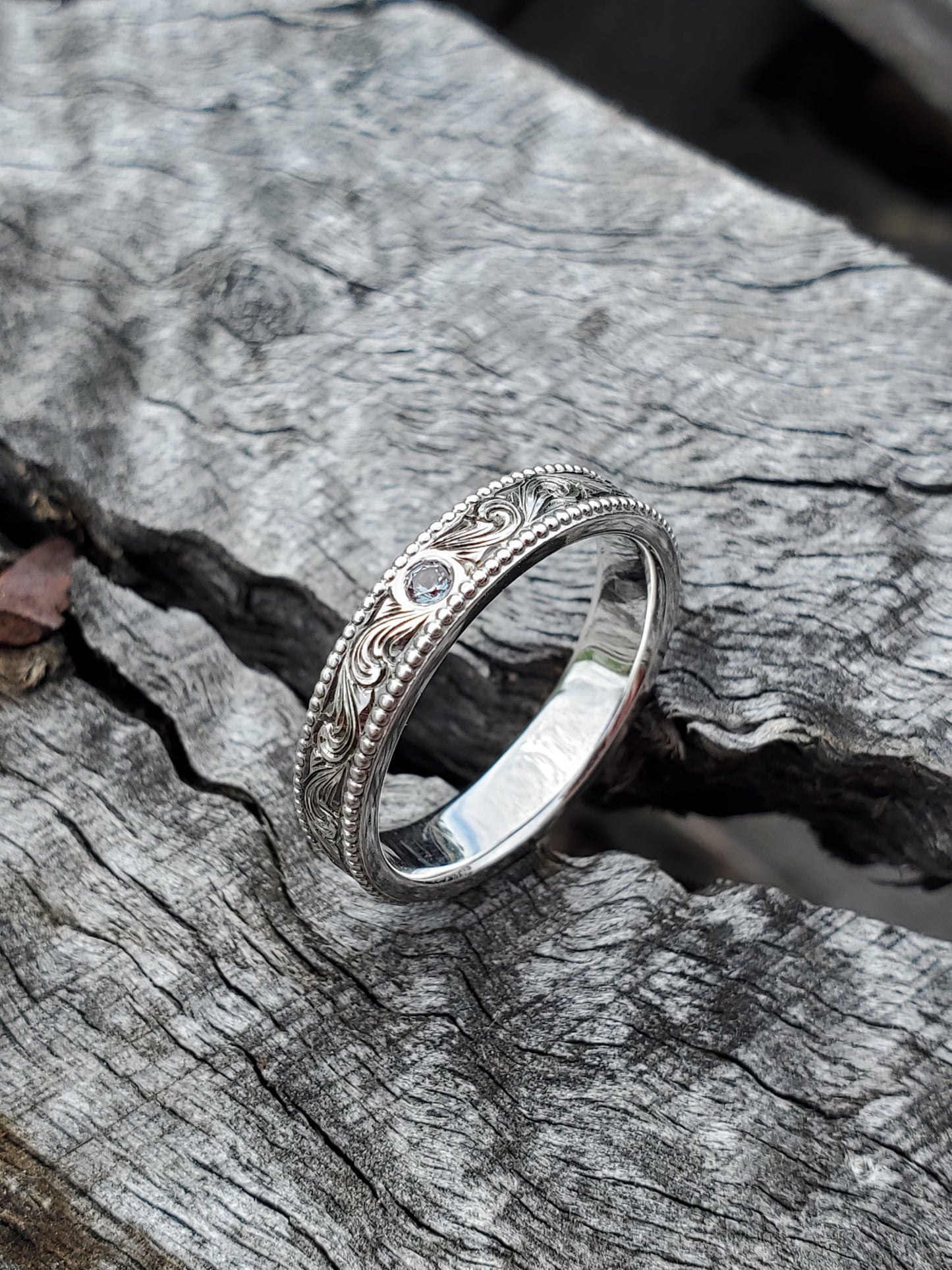 The Naia: 10K White Gold and Alexandrite Ring, Women's Western Wedding Band, Hand-Engraved Cowgirl Wedding Ring, Western Wedding Ring, Alexandrite Wedding Band