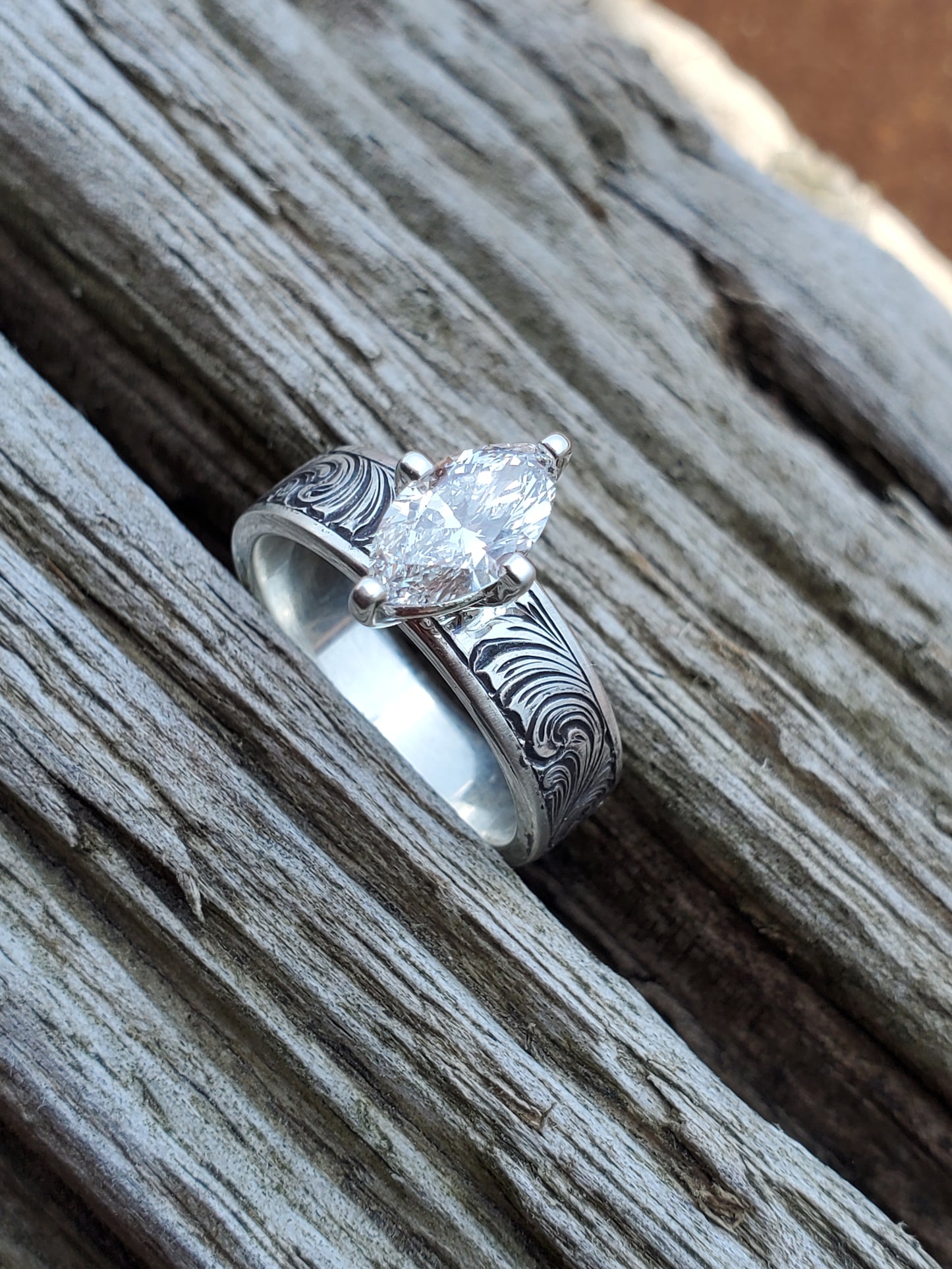 The Maggie: Antiqued Marquise Hand-Engraved Sterling Silver Western Engagement Ring, Cowgirl Engagement Ring, Western Engagement Ring