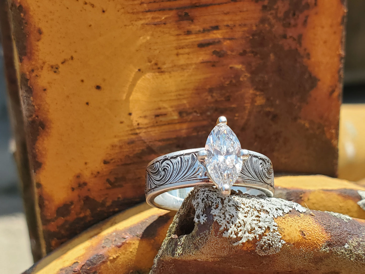 The Maggie: Antiqued Marquise Hand-Engraved Sterling Silver Western Engagement Ring, Cowgirl Engagement Ring, Western Engagement Ring