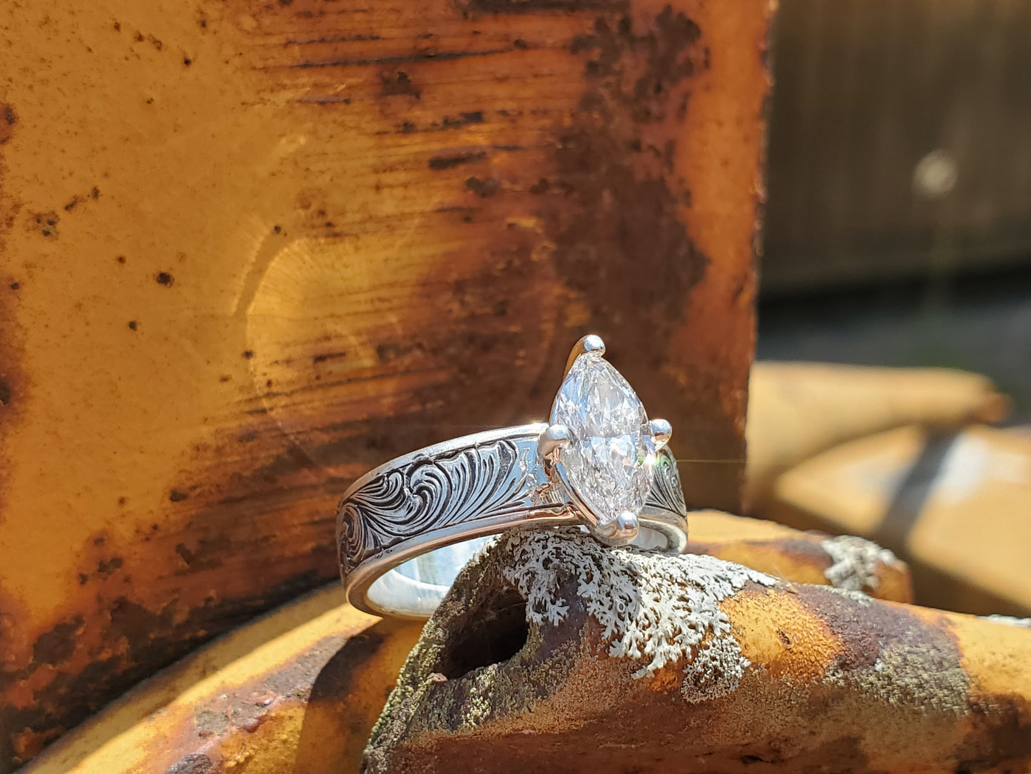 The Maggie: Antiqued Marquise Hand-Engraved Sterling Silver Western Engagement Ring, Cowgirl Engagement Ring, Western Engagement Ring