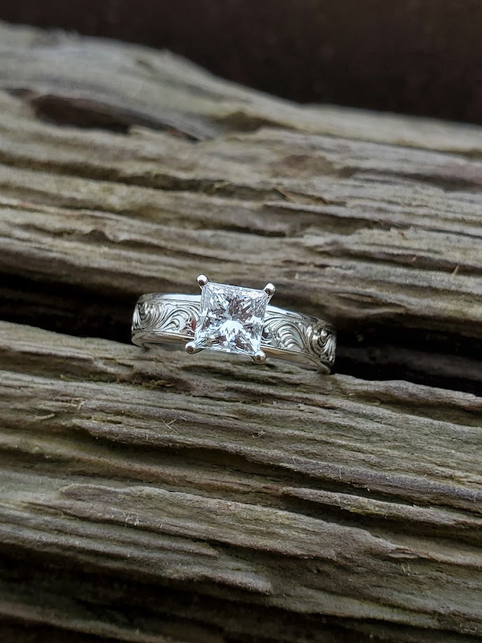 The Estella: 10K or 14K White Gold Ring, Princess Cut ring, western engagement ring, cowgirl ring, white gold engagement ring