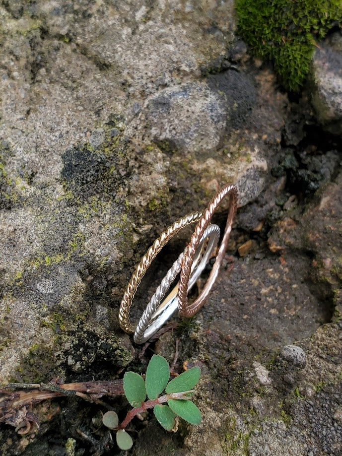 The Bowen Trifecta: Trio of Tri-Color 10K Yellow and Rose gold and Sterling Silver Ring Set, Cowgirl Rope Ring Set, Western Rings for her