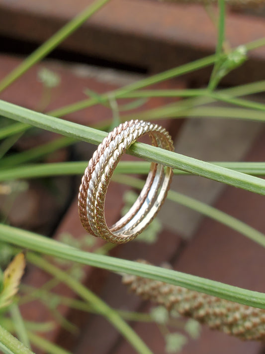 The Bowen Trifecta: Trio of Tri-Color 10K Yellow and Rose gold and Sterling Silver Ring Set, Cowgirl Rope Ring Set, Western Rings for her