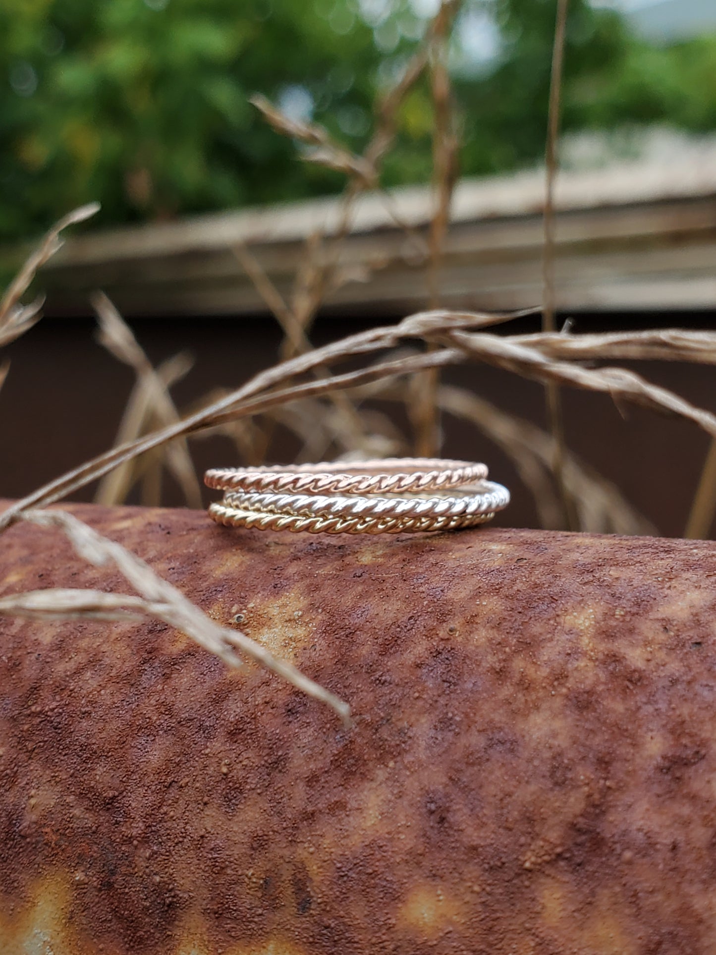 The Bowen Trifecta: Trio of Tri-Color 10K Yellow and Rose gold and Sterling Silver Ring Set, Cowgirl Rope Ring Set, Western Rings for her