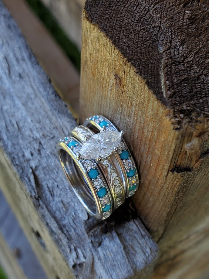 The Callie: 10K White Gold Band with Alternating Diamonds and Turquoise, Western Wedding bands, white gold and diamond wedding band, Western anniversary ring
