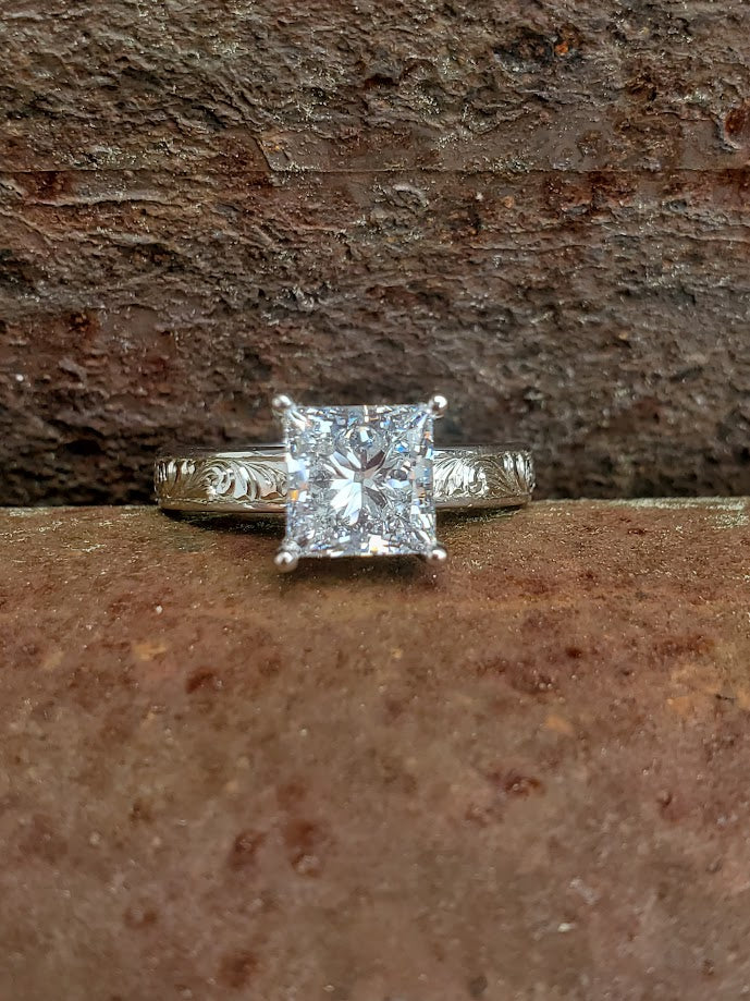 The Tamara: 2 ct. Princess Cut 10K or 14K White Gold Engagement Ring, Western Engagement Ring, Cowgirl Ring, Western Wedding Ring