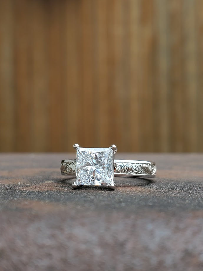 The Tamara: 2 ct. Princess Cut 10K or 14K White Gold Engagement Ring, Western Engagement Ring, Cowgirl Ring, Western Wedding Ring