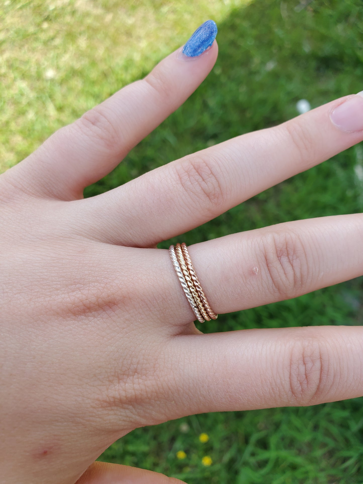 The Bowen Trifecta: Trio of Tri-Color 10K Yellow and Rose gold and Sterling Silver Ring Set, Cowgirl Rope Ring Set, Western Rings for her