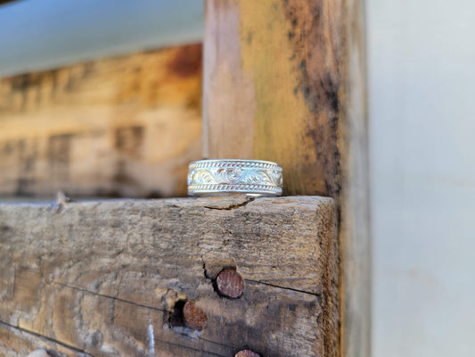 The Reata in Silver/White Gold: Hand-engraved Western Ring, Sterling silver or 10K white gold band, Western Band, Cowgirl Ring, Cowboy Ring, Unisex Handmade Western Ring