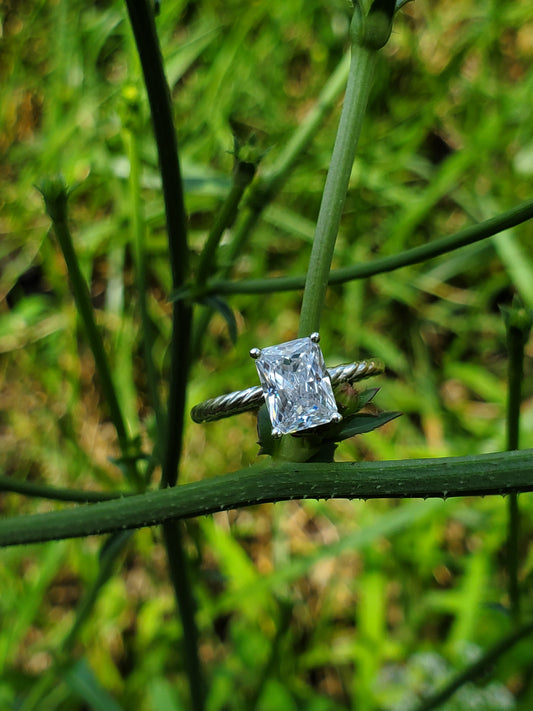 The Mariann: 10K White Gold or Sterling Silver Rope Ring With 1.5 ct. Radiant Moissanite or CZ, Western Engagement Ring, Western Wedding Band, Cowgirl Ring, Rope Engagement Ring