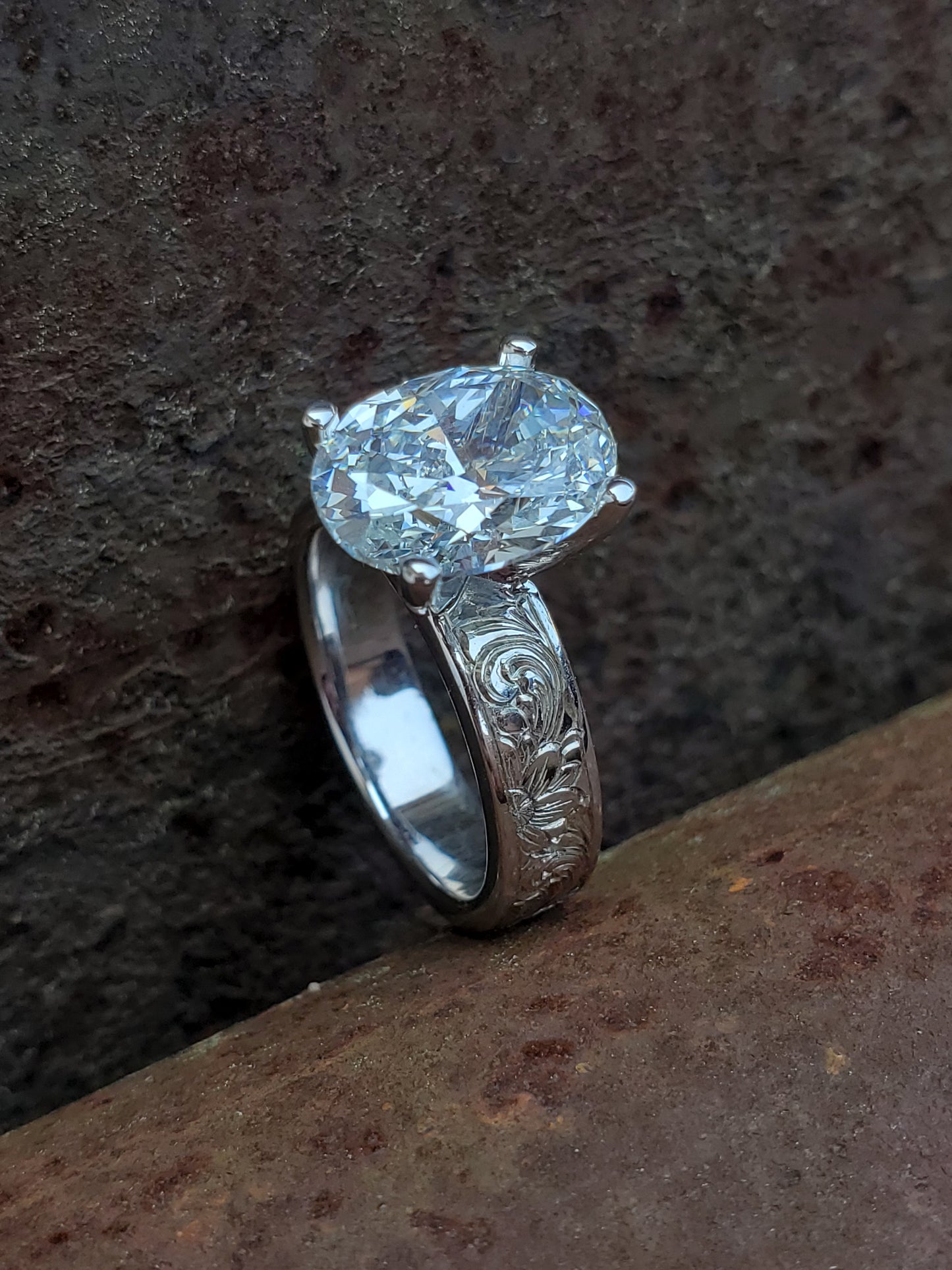 The Eleanor: 4ct Oval Engagement Ring, Hand-Engraved Western Engagement Ring, Cowgirl Engagement Ring, Floral Hand-Engraved Ring, 5mm White Gold Band